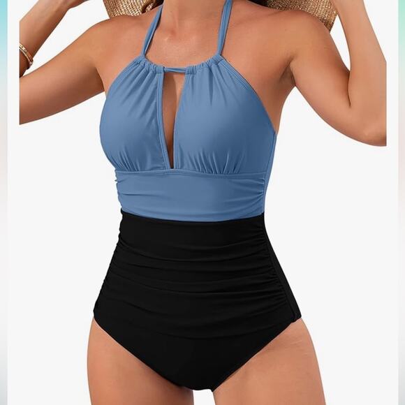 B2prity Blue/Black Slimming Halter One Piece Swimsuit Woman Size Large - Picture 6 of 10